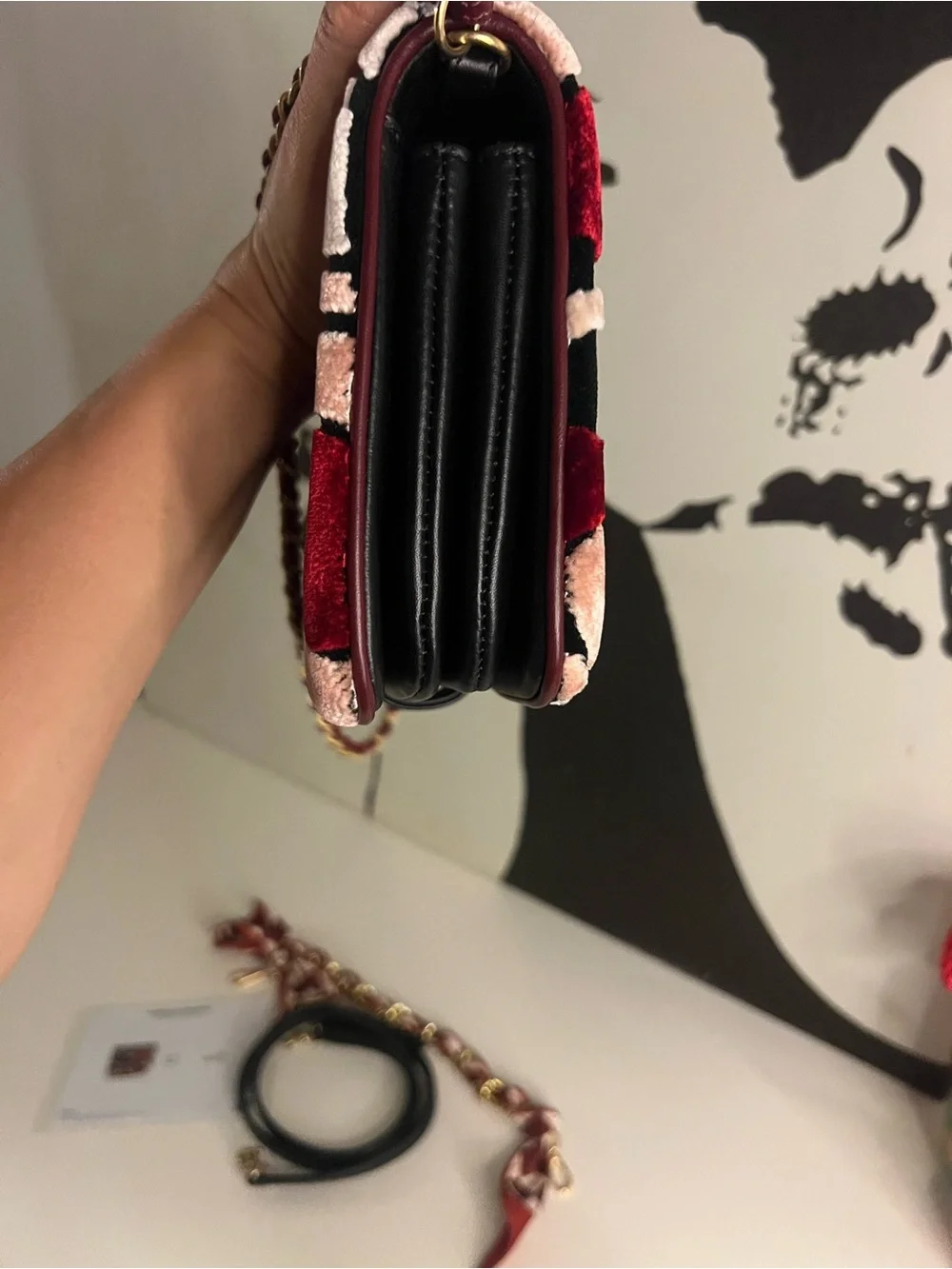 CHANEL Floral Velvet Chain Crossbody in Burgundy, Pink and Black